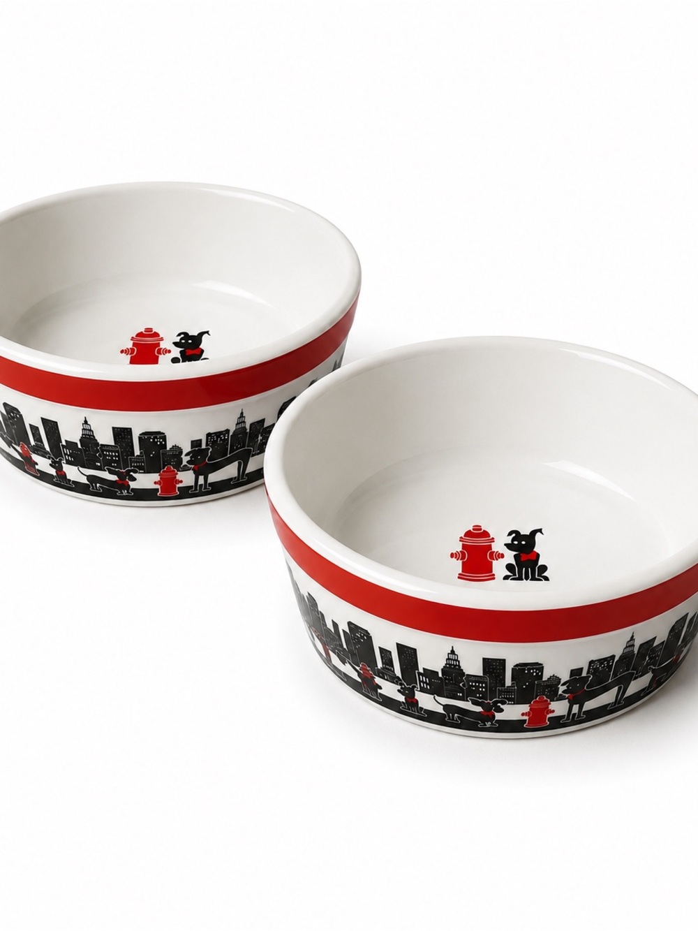 Dog Bowl Set of Two City Pets Red White Black Urban Loft Retro Ceramic Food